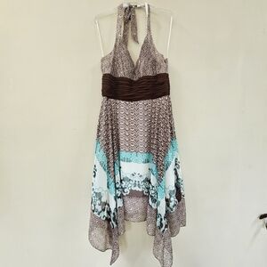 Sangria Halter Dress Women Sz 14 Brown/Teal Y2k Midi Flowy Asymmetric Babydoll